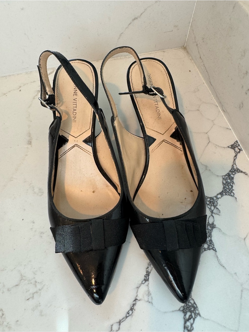 Adrienne Vittadini Black Patent Pointed Slingback Mules with Bow